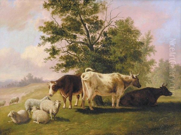 Cows And Sheep Resting Oil Painting by Thomas Hewes Hinckley