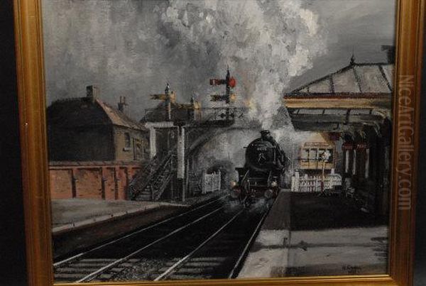 A Pair, Steam, Long Eaton Station And Leaving The Platform Oil Painting by William Richardson Hind G