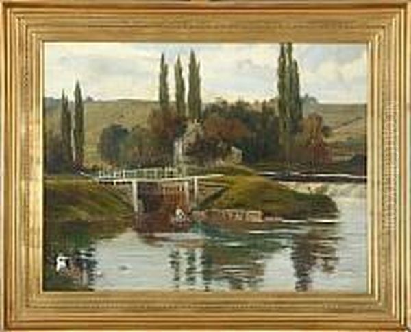 Scene From A Floodgate With Figures, In The Foreground Swans And Woman In A Boat Oil Painting by Alfred Hindorf