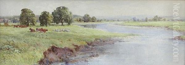 Cattle And Sheep Grazing In A River Landscape Oil Painting by Harry T. Hine