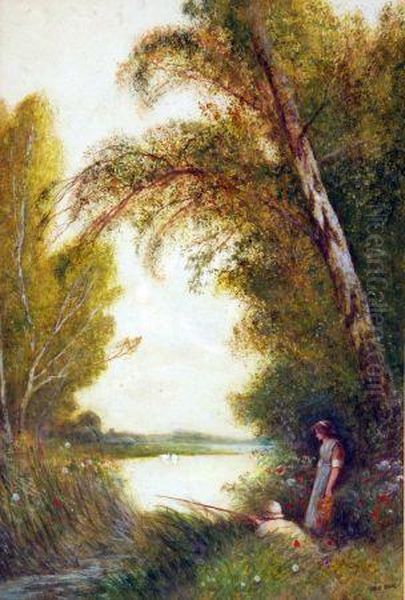 Figures Fishing On A River Bank Oil Painting by Fred Hines