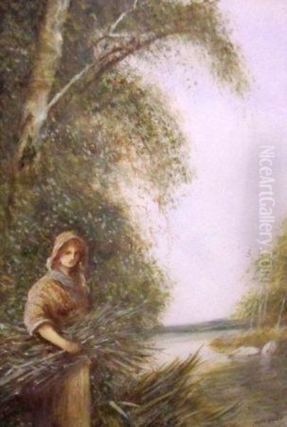 A Woman Gathering Kindling At The Edge Oil Painting by Fred Hines