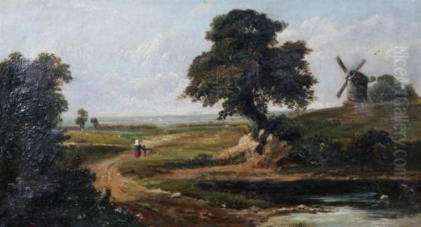 Figurscen I Landskap Med Kvarn Oil Painting by Theodore Hines