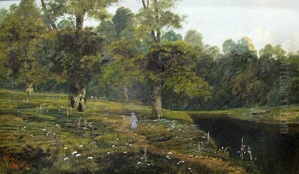 A River Landscape With A Figure On A Path Oil Painting by Theodore Hines