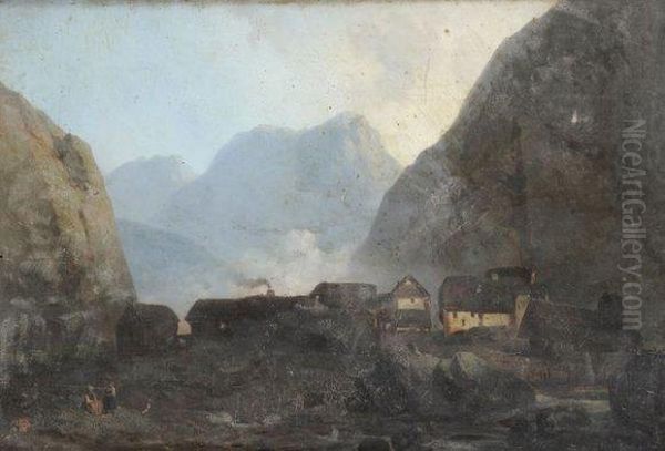 Village Alpin Oil Painting by Julius Hintz