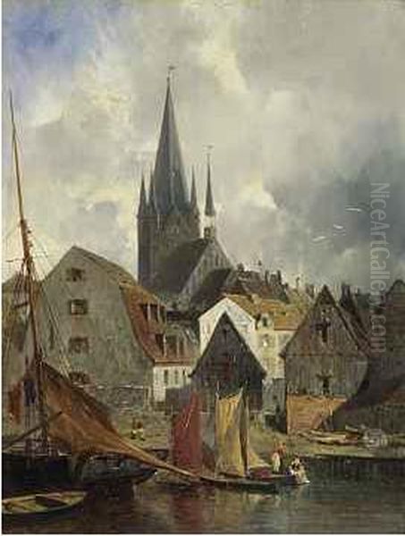 Hafen Eines Franzosischen Stadtchens Oil Painting by Julius Hintz