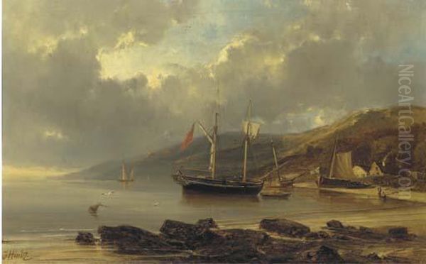 Two-master Anchored In A Bay Oil Painting by Julius Hintz