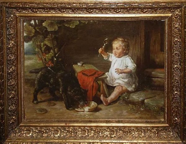 Child With Dog Oil Painting by Johann Ferdinand J. Hintze