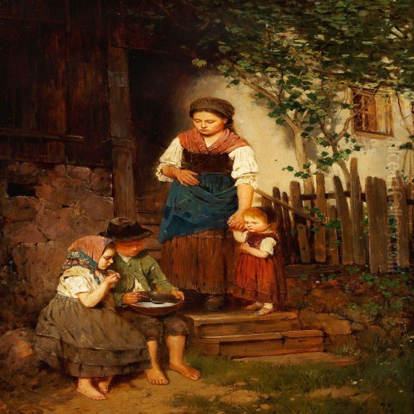 Two Poor Children Sharing A Bowl Of Soup At A Farmhouse, With The Servant Girl And A Small Child Watching Oil Painting by Johann Ferdinand J. Hintze