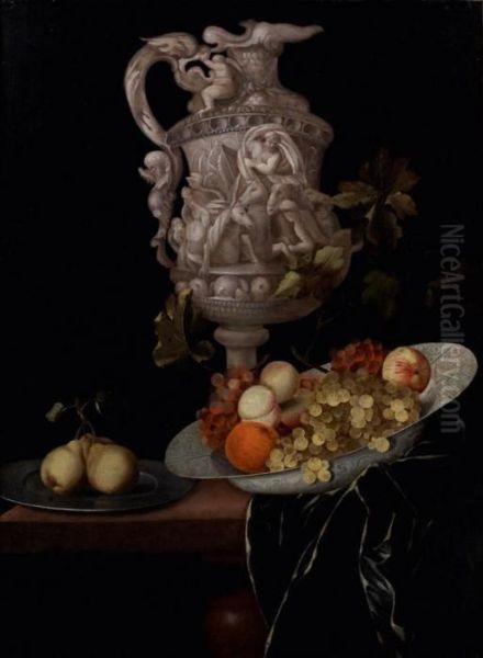 Nature Morte Au Vase Sculpte Et Plats De Fruits Sur Une Table Oil Painting by Johann Georg (also Hintz, Hainz, Heintz) Hinz