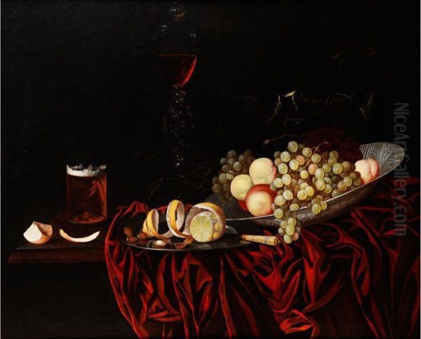 Grosses Fruchtestilleben Mit Glaspokal, Bierglas Und Zitrone Oil Painting by Johann Georg (also Hintz, Hainz, Heintz) Hinz