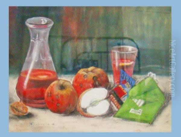 Stilleben Mit Apfel, Glas, Karaffe,streichholzschachtel, Couvert Und Nuss Oil Painting by Hans Hippele