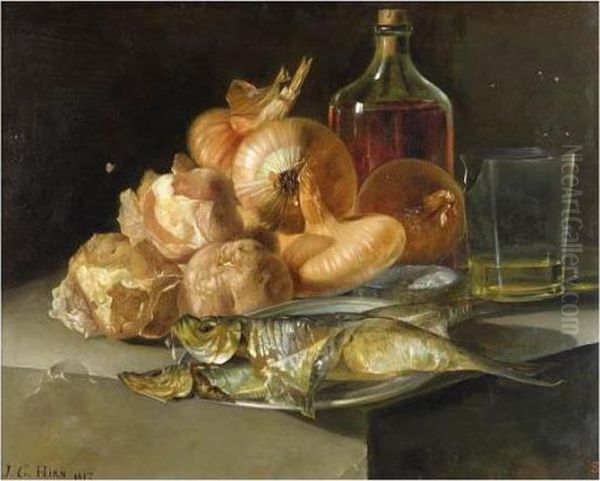 Nature Morte Aux Oignons Et Aux Harengs Oil Painting by Jean Georges Hirn