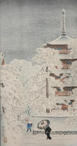 Figure By A Winter Temple. Oil Painting by Tadahashi Hiroaki