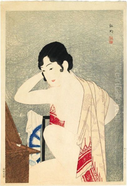 (vor Dem Spiegel - Make-up). Eine Nackte Junge Frau Sitzt Vor Ihrem Toiletenkasten. Ein Tuch Uber Ihren Schultern. Bez.: Hiroaki. Siegel: Komei. Verlag: Fusui-shobo. Drucker: Ono Tomi. 1927. Oil Painting by Tadahashi Hiroaki