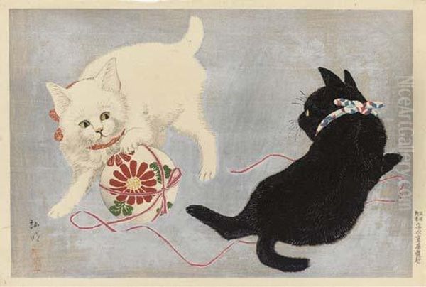 Two Cats Playing With A Ball Oil Painting by Tadahashi Hiroaki