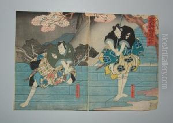 Deux Samourais S'affrontent Au Katana Sur Un Escalier Oil Painting by Utagawa Hirosada