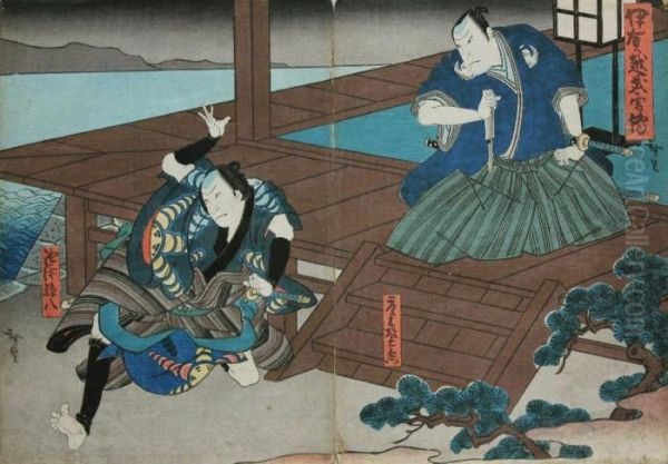 Scena Z Teatru Kabuki Oil Painting by Utagawa Hirosada