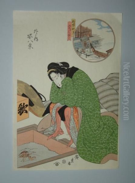 Une Jeune Femme Chauffe Ses Pieds Au-dessus D'un Hibachi Oil Painting by Utagawa or Ando Hiroshige