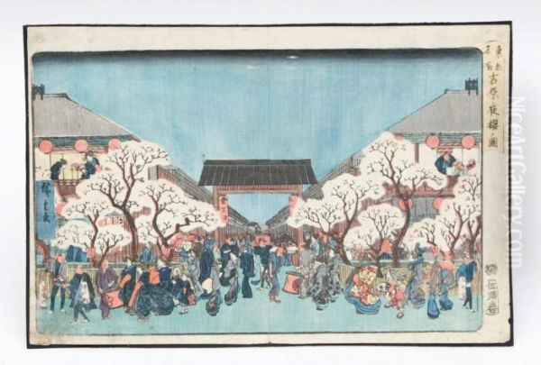 Yoshiwara Yozakura Oil Painting by Utagawa or Ando Hiroshige