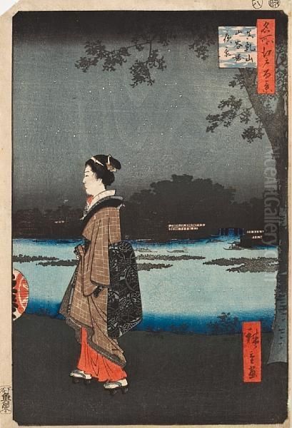 Night View Matsuchi Hill And The San'ya Canal Oil Painting by Utagawa or Ando Hiroshige