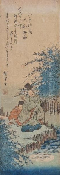 Warrior And Servant Resting On A Riverbank Oil Painting by Utagawa or Ando Hiroshige