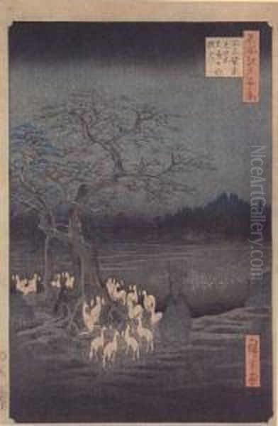 Foxfires On New Year's Eve At The Shozoku Hackberry Tree Oil Painting by I,or Ii Hiroshige Iii