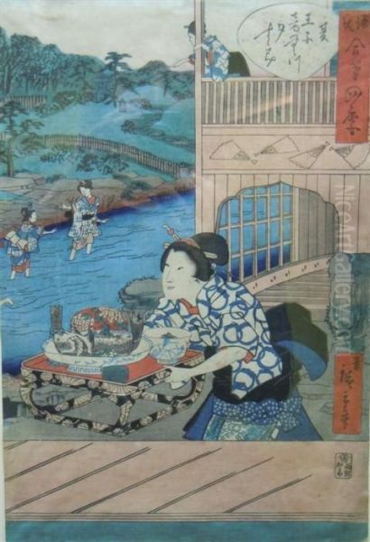 An Eating House Beside A River Oil Painting by Tokubei Iii Hiroshigeando