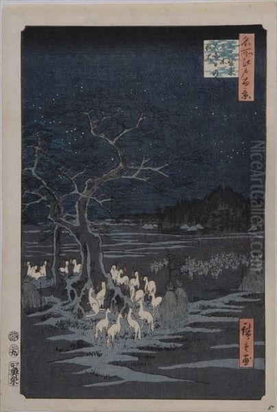 Foxfires From 100 Views Of Edo Oil Painting by Tokubei Iii Hiroshigeando