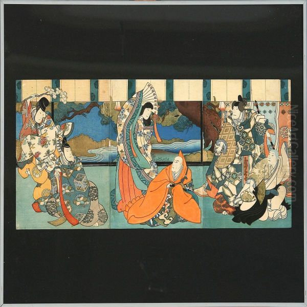 Triptykon Woodblock Prints With Kabuki Actors On Stage Oil Painting by Chimpei Ii Hiroshigesuzuki