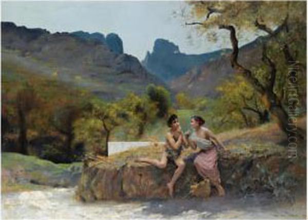 Flirtation In An Arcadian Landscape Oil Painting by Auguste Alexandre Hirsch