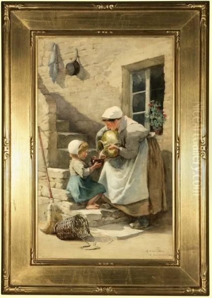 Woman And Child Pouring Milk Oil Painting by Alice Hirschberg