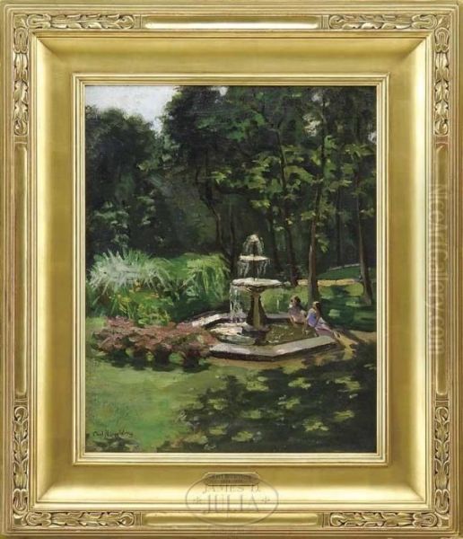 Thepark Fountain Oil Painting by Carl Hirschberg