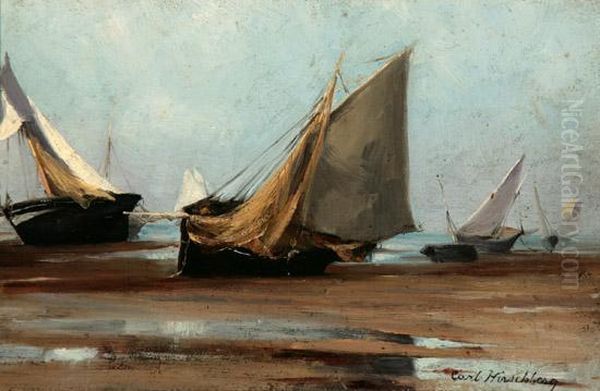 Beached Sail Boats Oil Painting by Carl Hirschberg