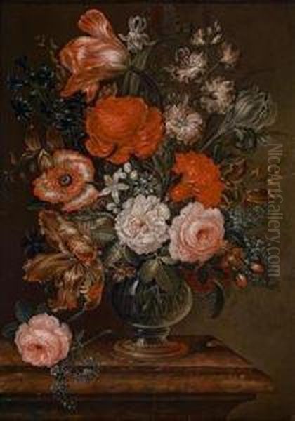 Ein Paar Blumenstilllebenin Glasvasen Oil Painting by Caspar Hirscheli