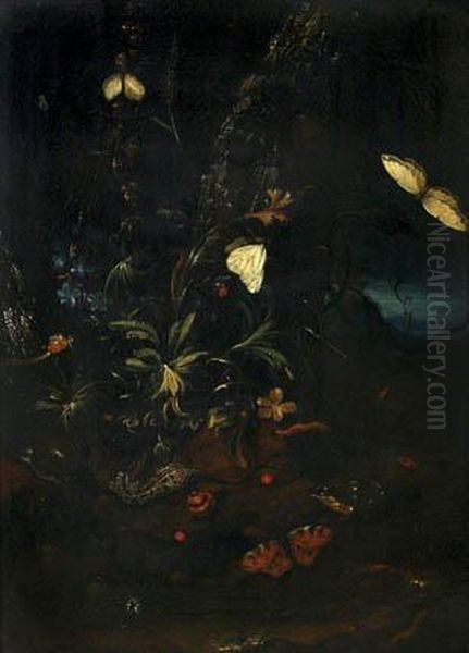 Still Life With Insects And A Flower Oil Painting by Caspar Hirscheli