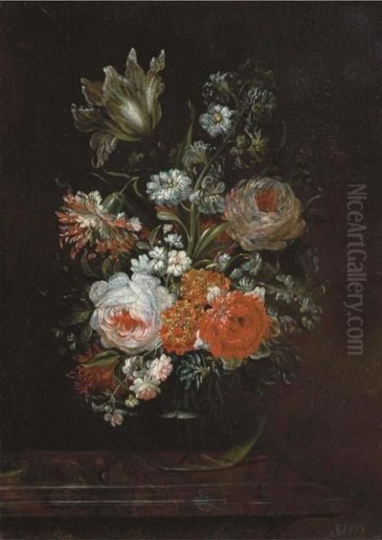 Roses, A Tulip And Other Flowers In A Glass Vase On A Wooden Ledge Oil Painting by Caspar Hirscheli