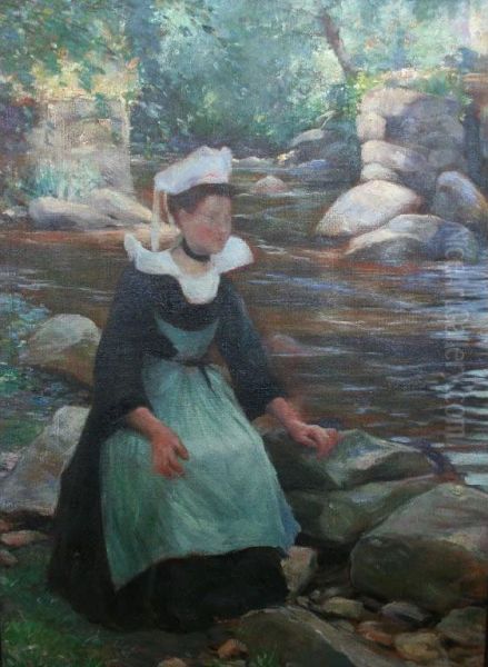 Dutch Lady Seated By A River Oil Painting by Anton Hirschig