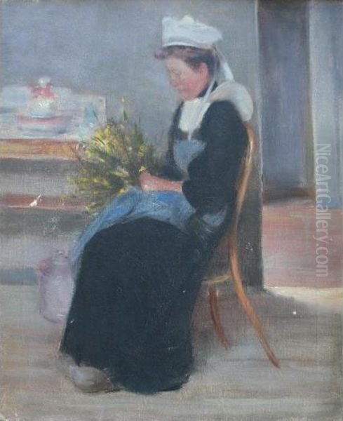 Tying Flowers; Woman At A Well Oil Painting by Anton Hirschig