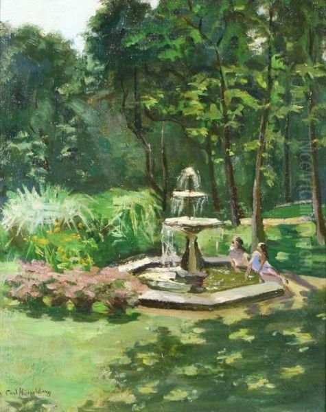 Two Young Girls At A Parkfountain Oil Painting by Carl Hirshberg