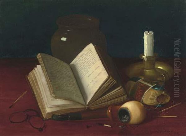 Still Life With A Pipe, Candlestand And Book Oil Painting by Claude Raguet Hirst