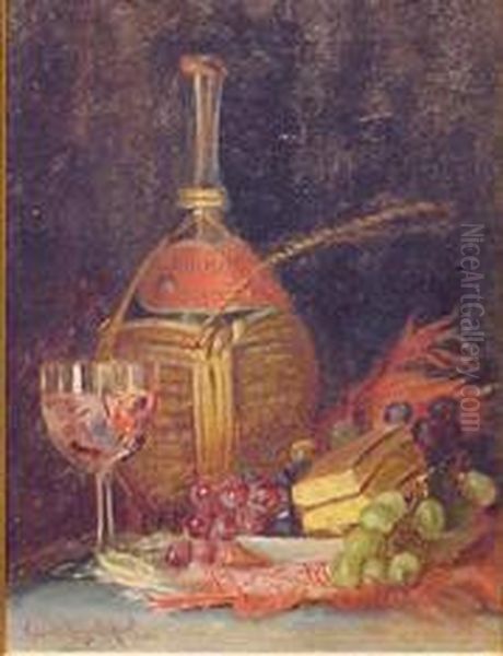 Still Life With Grapes, Cake And Bottle Of Wine Oil Painting by Claude Raguet Hirst