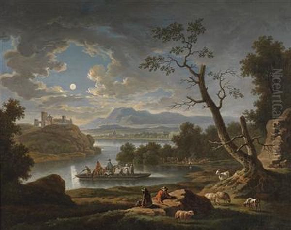 A River Landscape In Moonlight Oil Painting by Friedrich Wilhelm Hirt