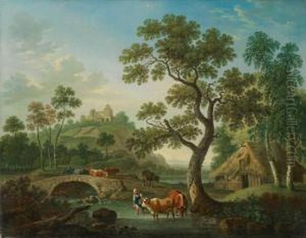 Zwei Landschaften Mit Hirten Und Architekturstaffage Oil Painting by Friedrich Wilhelm Hirt