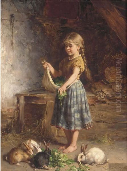 Feeding The Rabbits Oil Painting by Heinrich Hirt