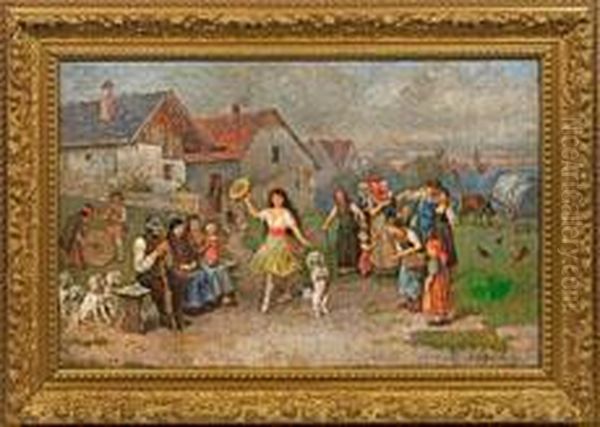 Gaukler Mit Pudelnbei Einer Vorfuhrung Am Dorfrand Oil Painting by Rudolf Hirth Du Frenes