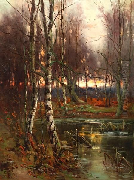 A Woodland Pool At Sunset Oil Painting by George Dunkerton Hiscox