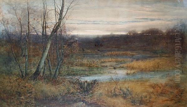 River Landscape At Twilight Oil Painting by George Dunkerton Hiscox