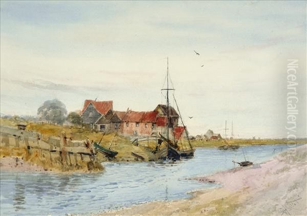 The Riverblythe, Suffolk, Low Tide, With Fishing Boats Oil Painting by George Dunkerton Hiscox