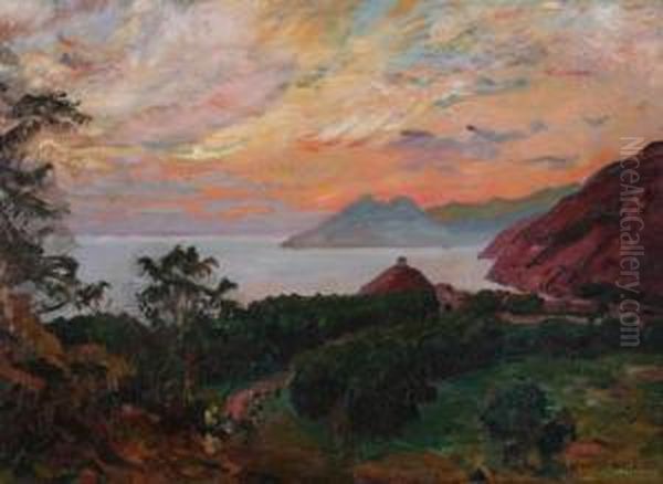 Tropical Coastal View Oil Painting by David Howard Hitchcock